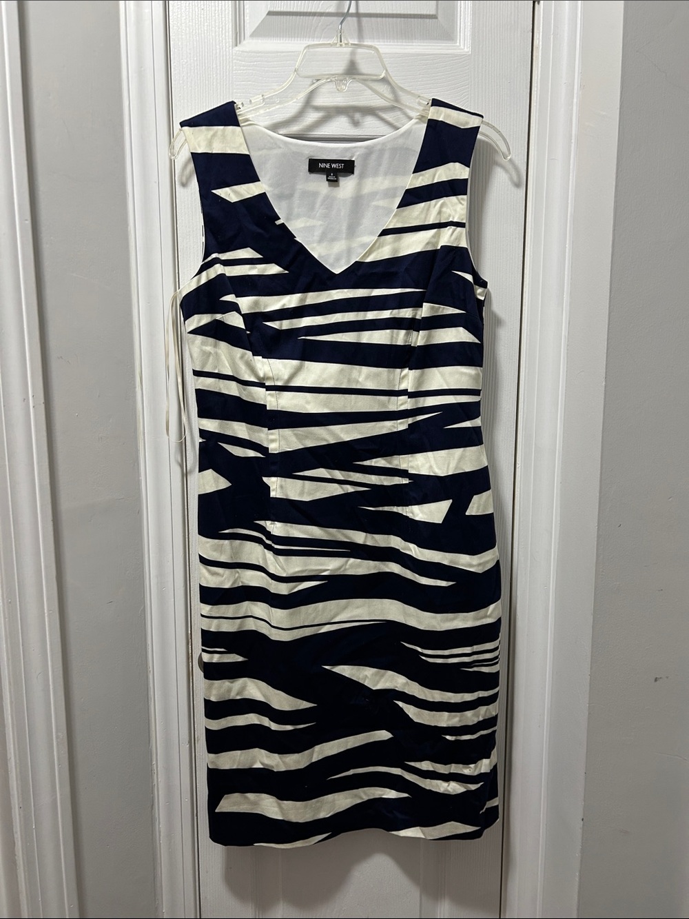 Nine West Navy & White Sleeveless V-Neck Striped Sheath Dress